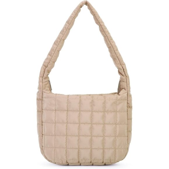 Women's Khaki Lightweight Cotton Puffy Quilted Hobo Bag Retro Soft Shoulder Bag - Picture 1 of 7